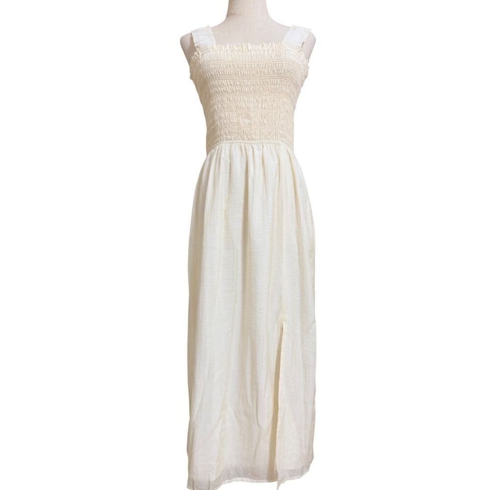 WAYF Maxi Dress Cream Smocked Striped Ruffle Strap Slit Lightweight Women Small
